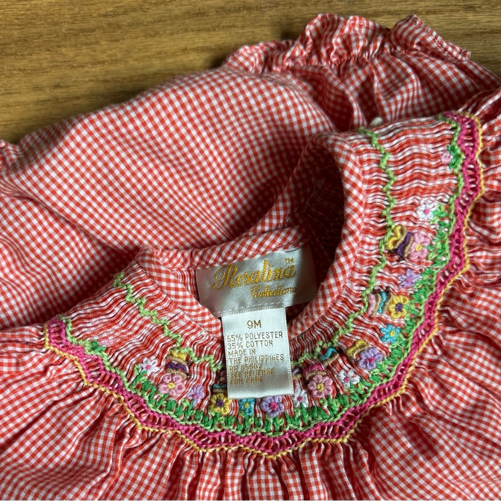 Rosalina Red Gingham Smocked Angel Sleeve Bubble 9 Months